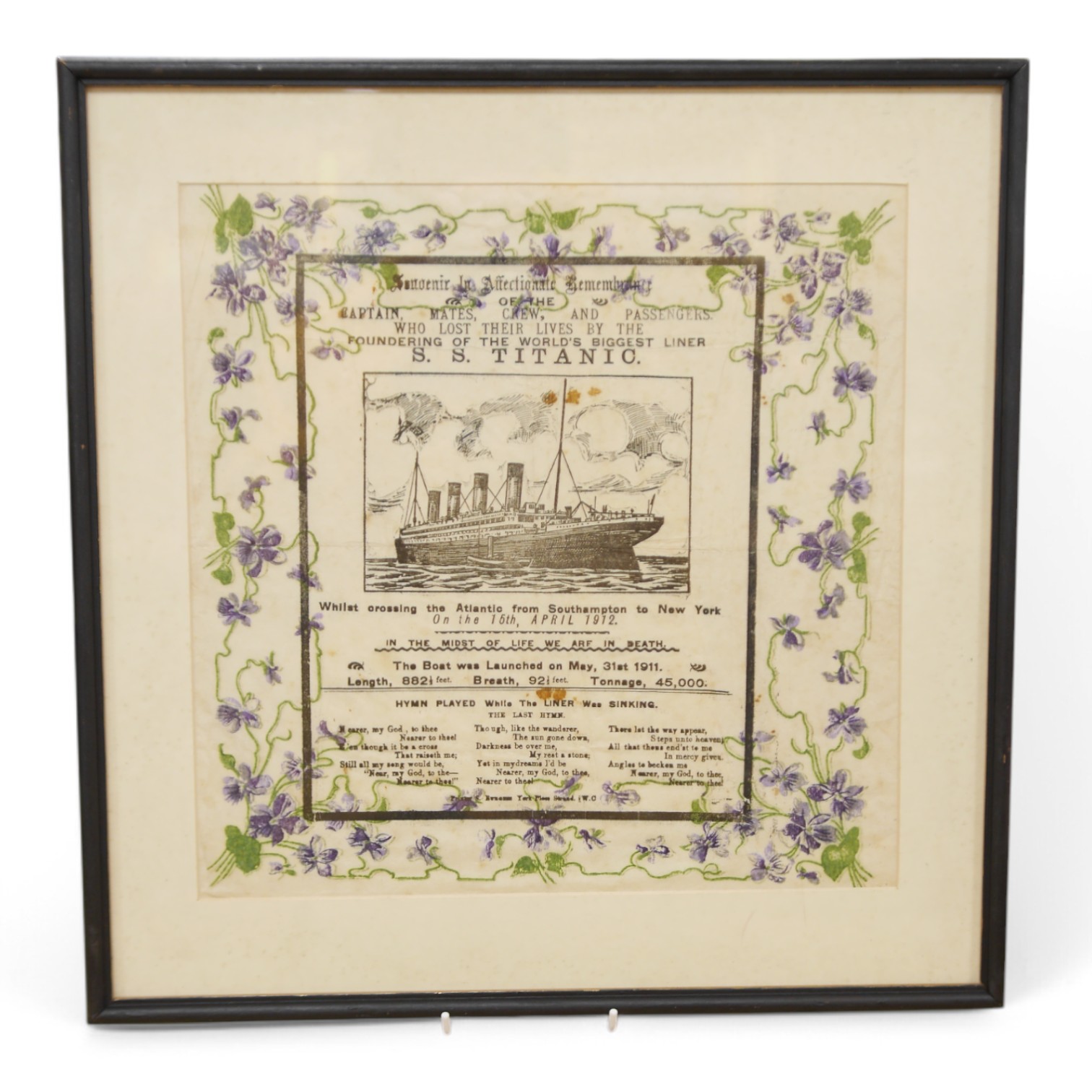 SS Titanic interest, a memorial mourning crepe paper print, 33 x 33cm, framed. Condition - fair